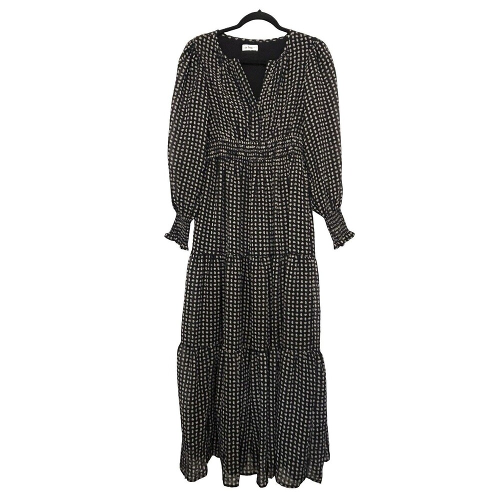 In Loom Black Paisley Print Boho Maxi Dress Smocked Waist Long Sleeve Size S - Picture 7 of 8